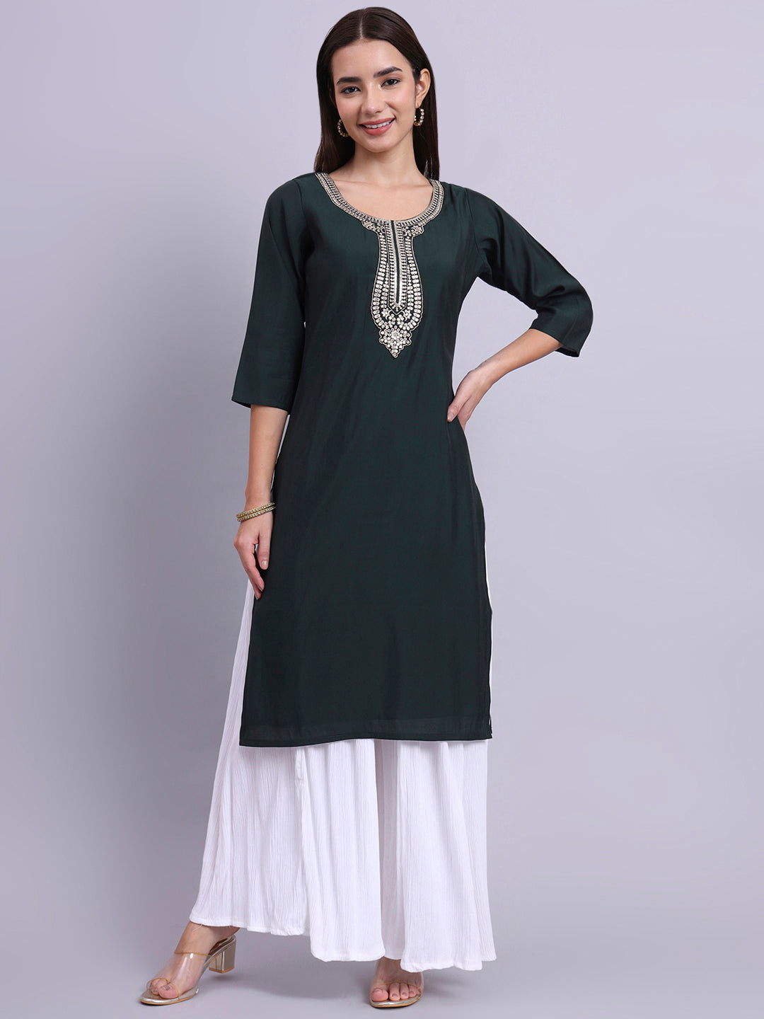 Women Bottle Green BSY Chinon Silk Printed Tunic Top | Fancy Neck | Casual Wear