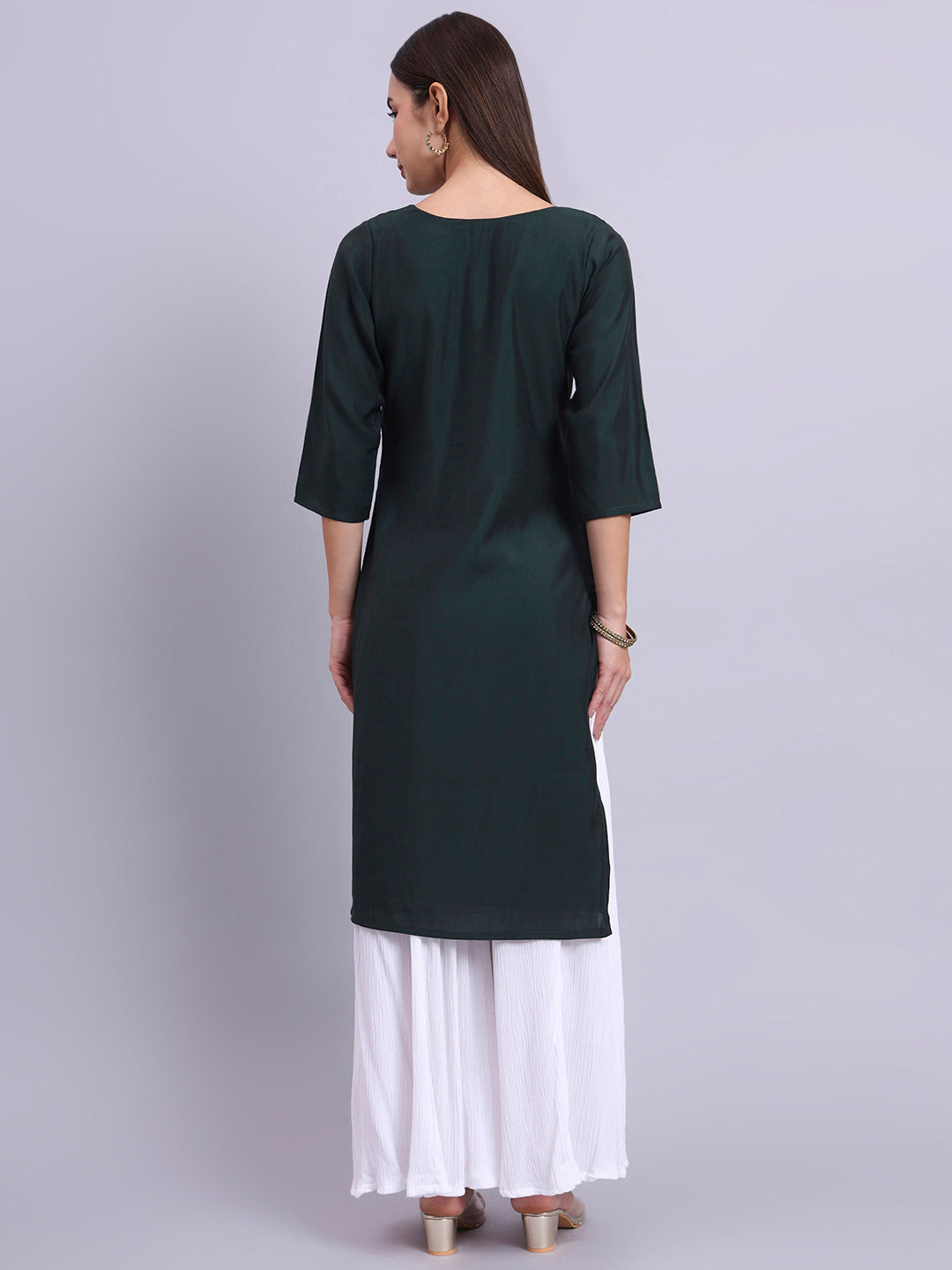 Women Bottle Green BSY Chinon Silk Printed Tunic Top | Fancy Neck | Casual Wear