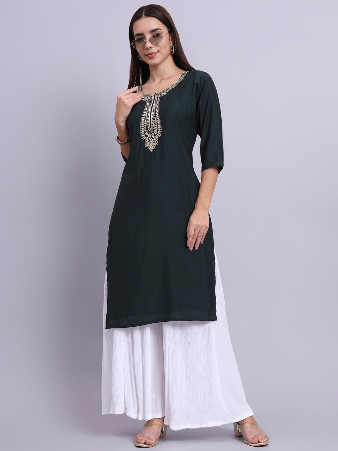 Women Bottle Green BSY Chinon Silk Printed Tunic Top | Fancy Neck | Casual Wear