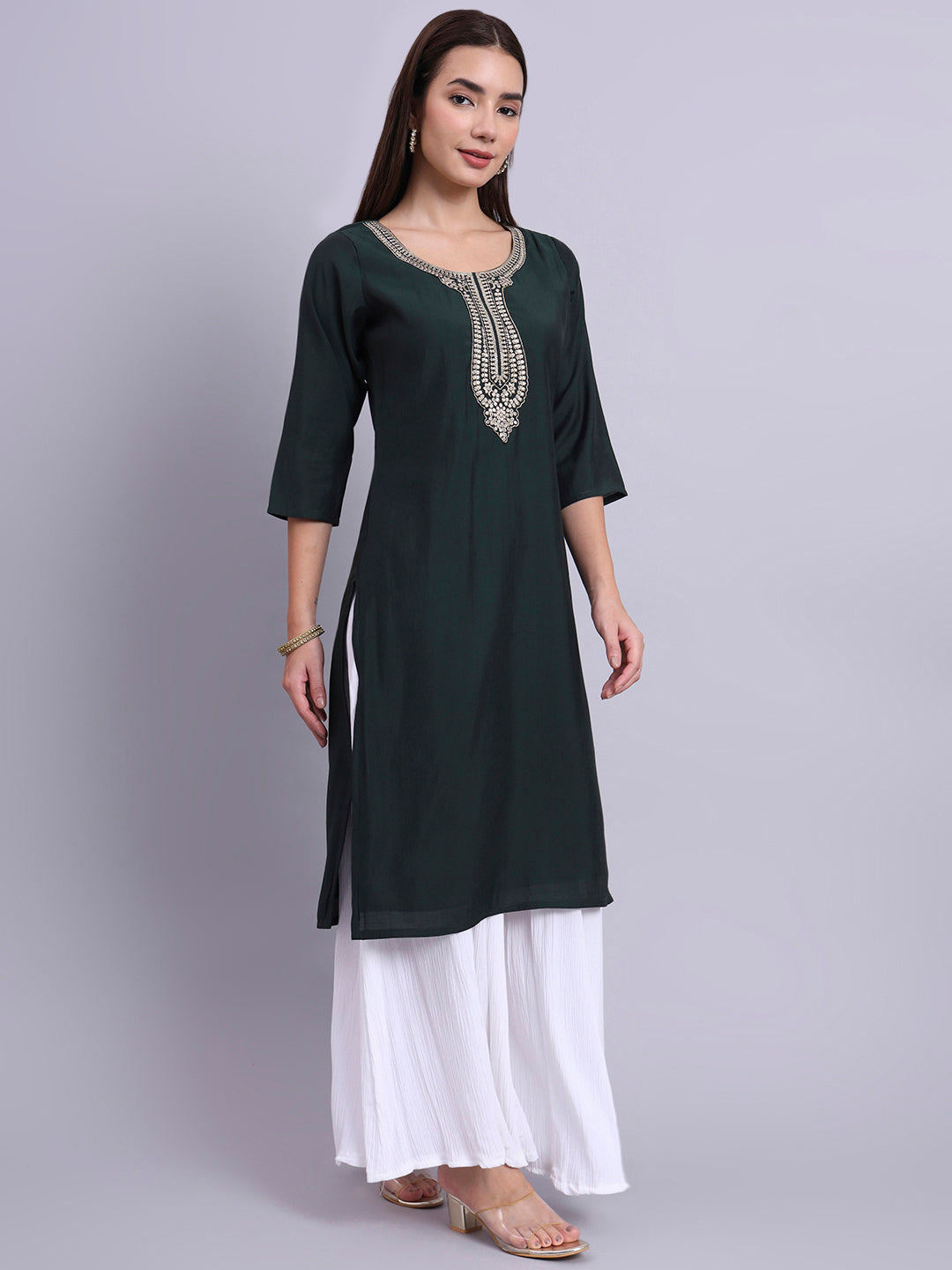 Women Bottle Green BSY Chinon Silk Printed Tunic Top | Fancy Neck | Casual Wear