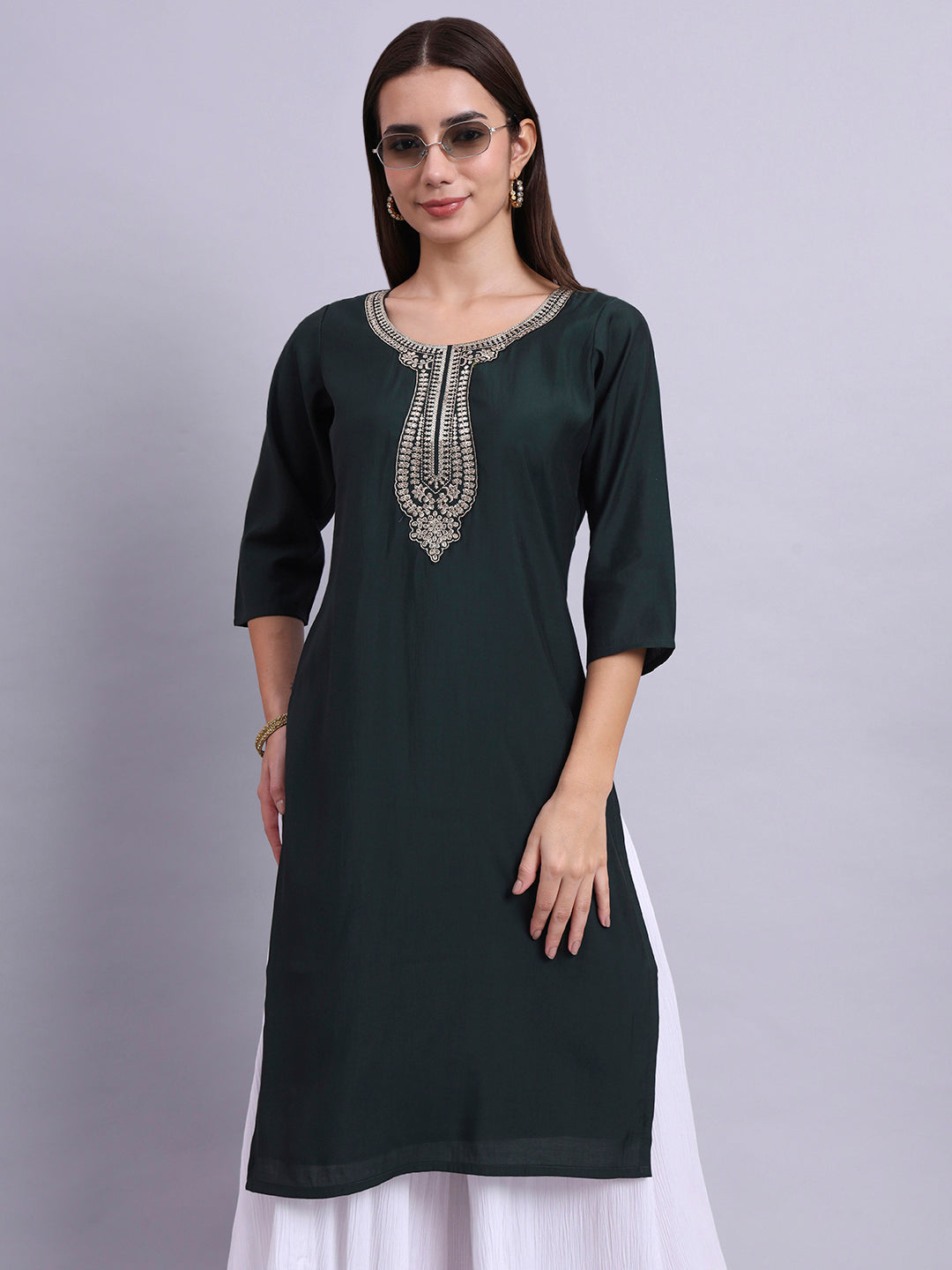 Women Bottle Green BSY Chinon Silk Printed Tunic Top | Fancy Neck | Casual Wear