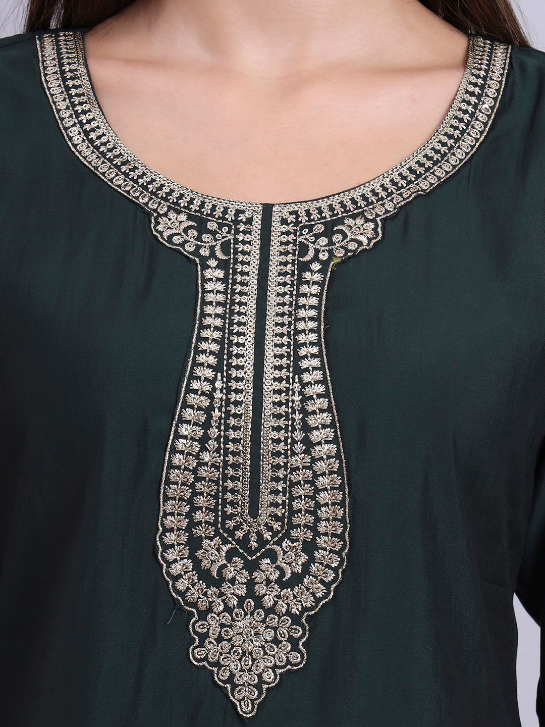 Women Bottle Green BSY Chinon Silk Printed Tunic Top | Fancy Neck | Casual Wear