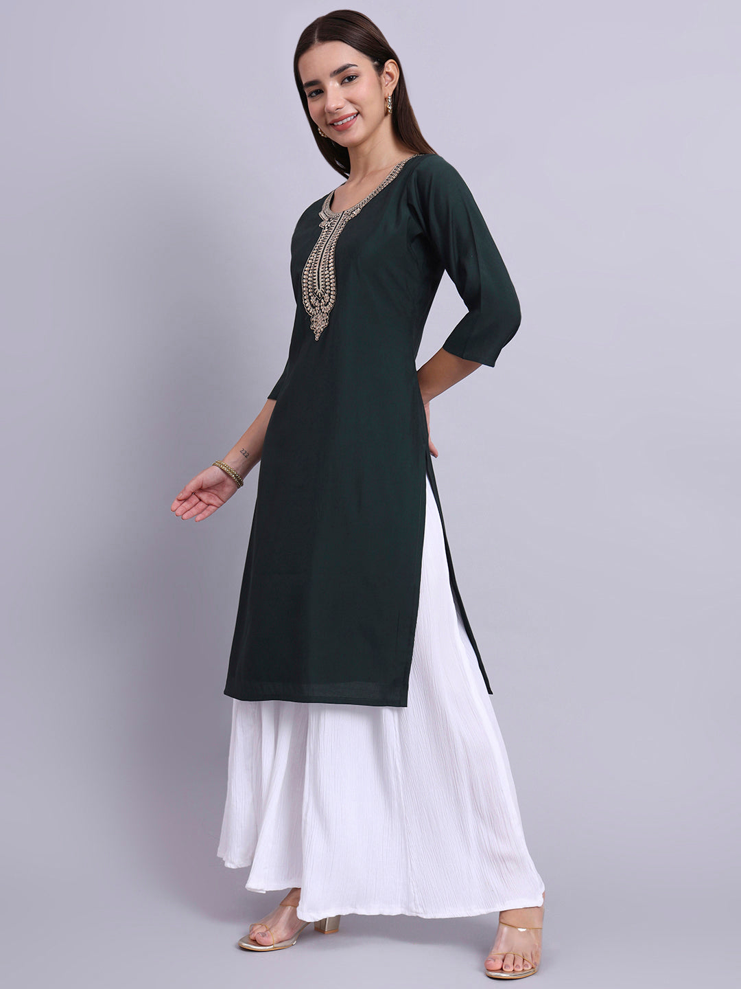 Women Bottle Green BSY Chinon Silk Printed Tunic Top | Fancy Neck | Casual Wear