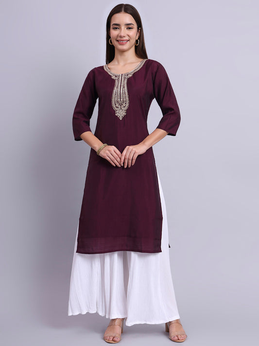 Women Wine BSY Chinon Silk Printed Tunic Top | Fancy Neck | Casual Wear