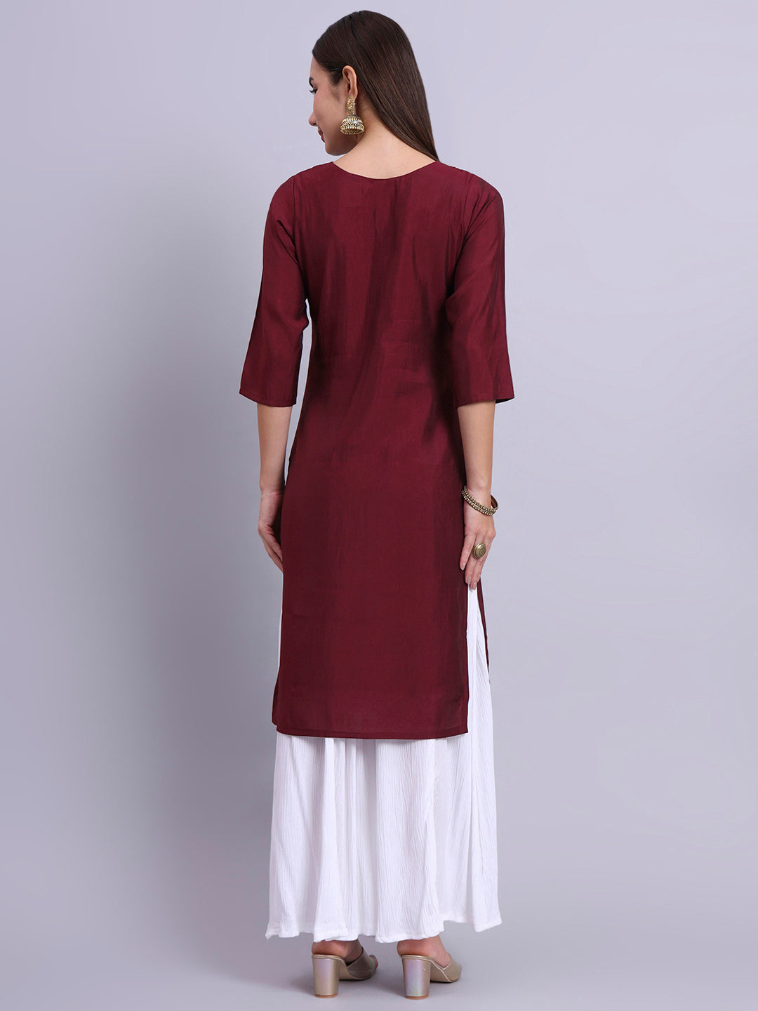 Women Maroon BSY Chinon Silk Printed Tunic Top | Fancy Neck | Casual Wear