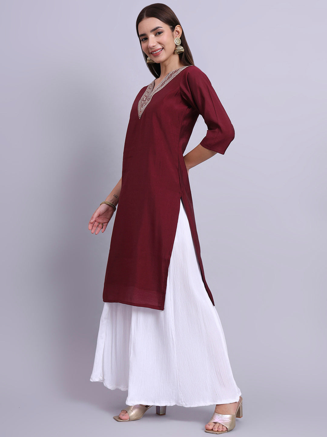 Women Maroon BSY Chinon Silk Printed Tunic Top | Fancy Neck | Casual Wear