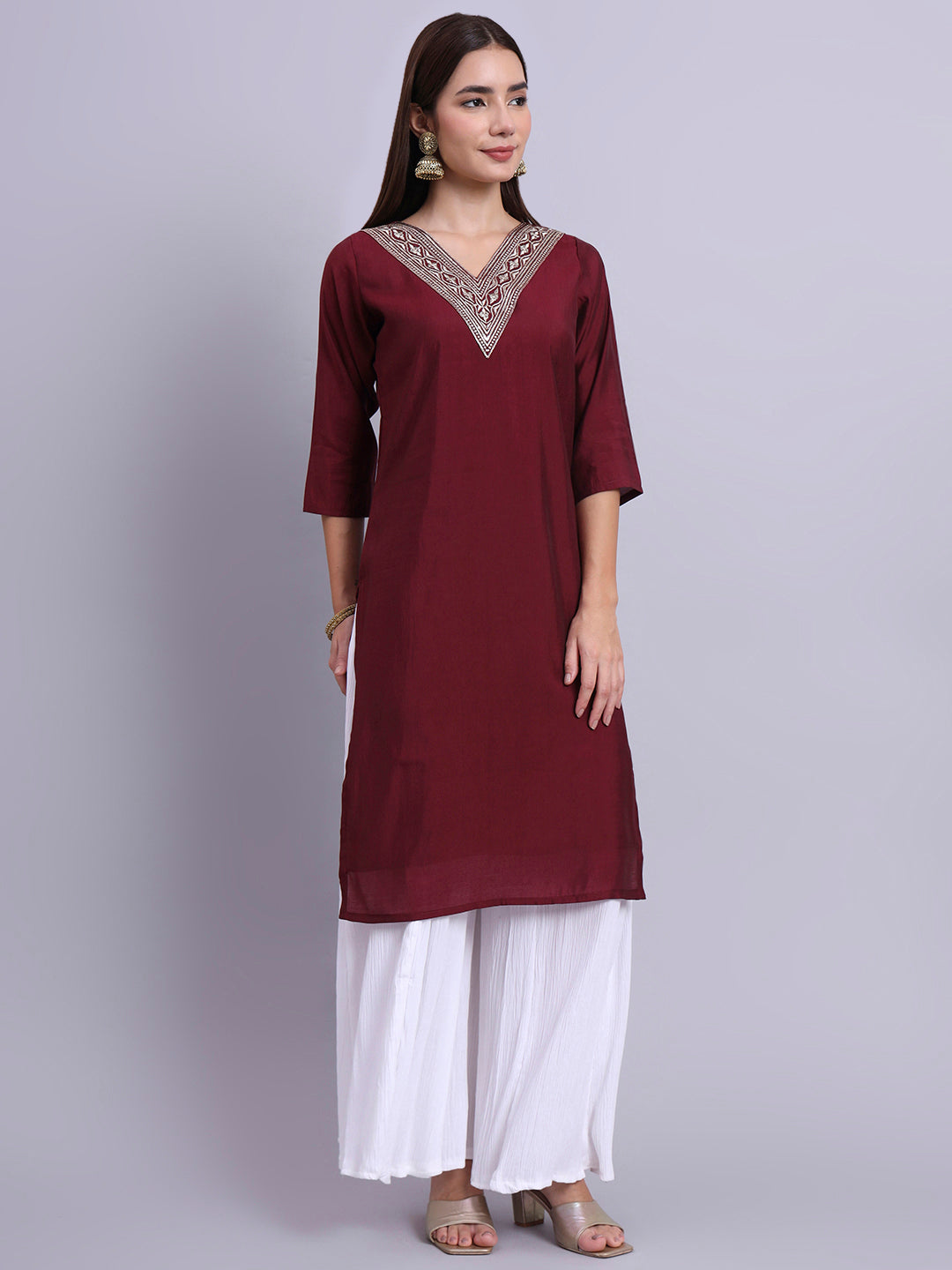 Women Maroon BSY Chinon Silk Printed Tunic Top | Fancy Neck | Casual Wear