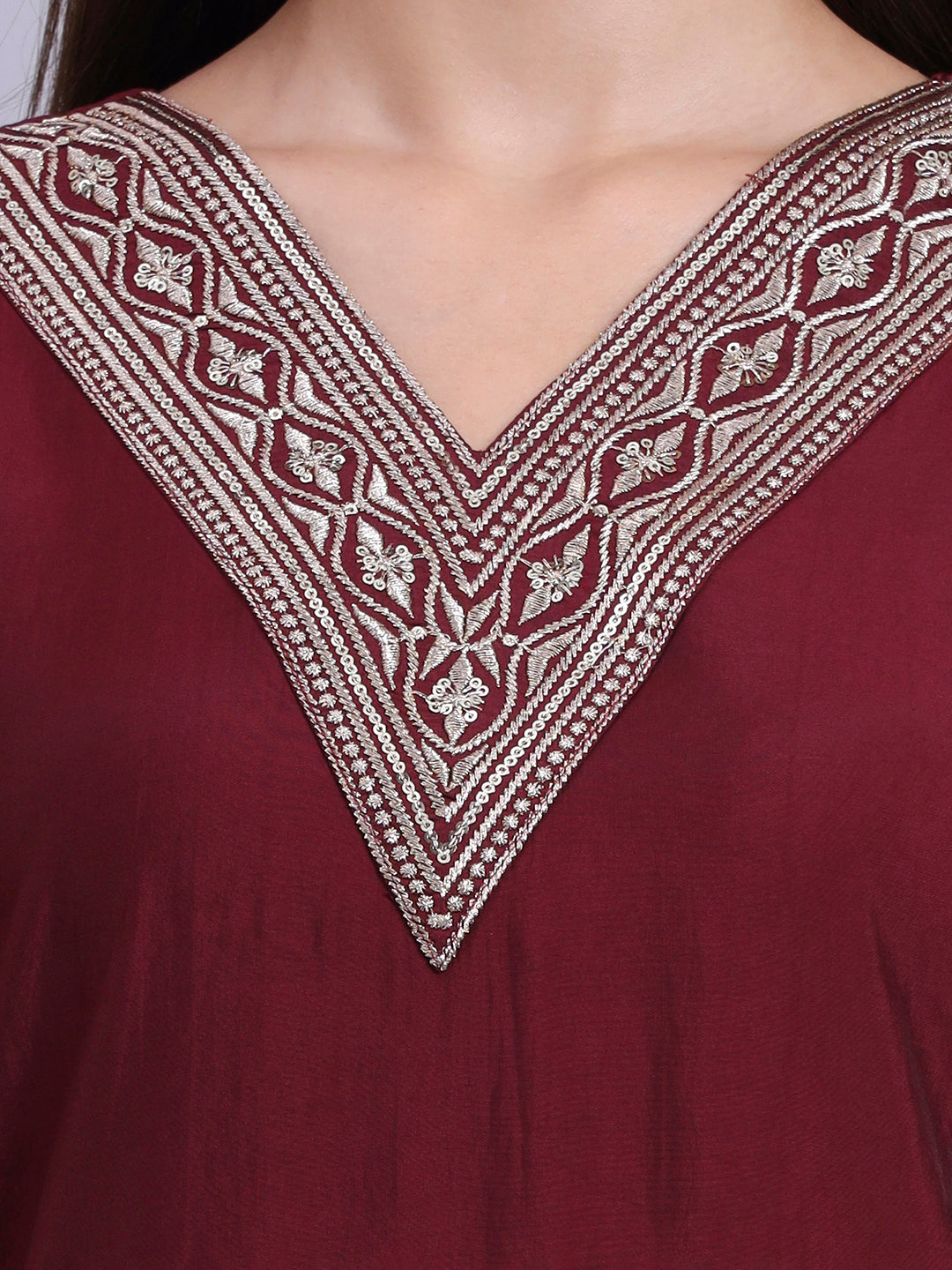 Women Maroon BSY Chinon Silk Printed Tunic Top | Fancy Neck | Casual Wear