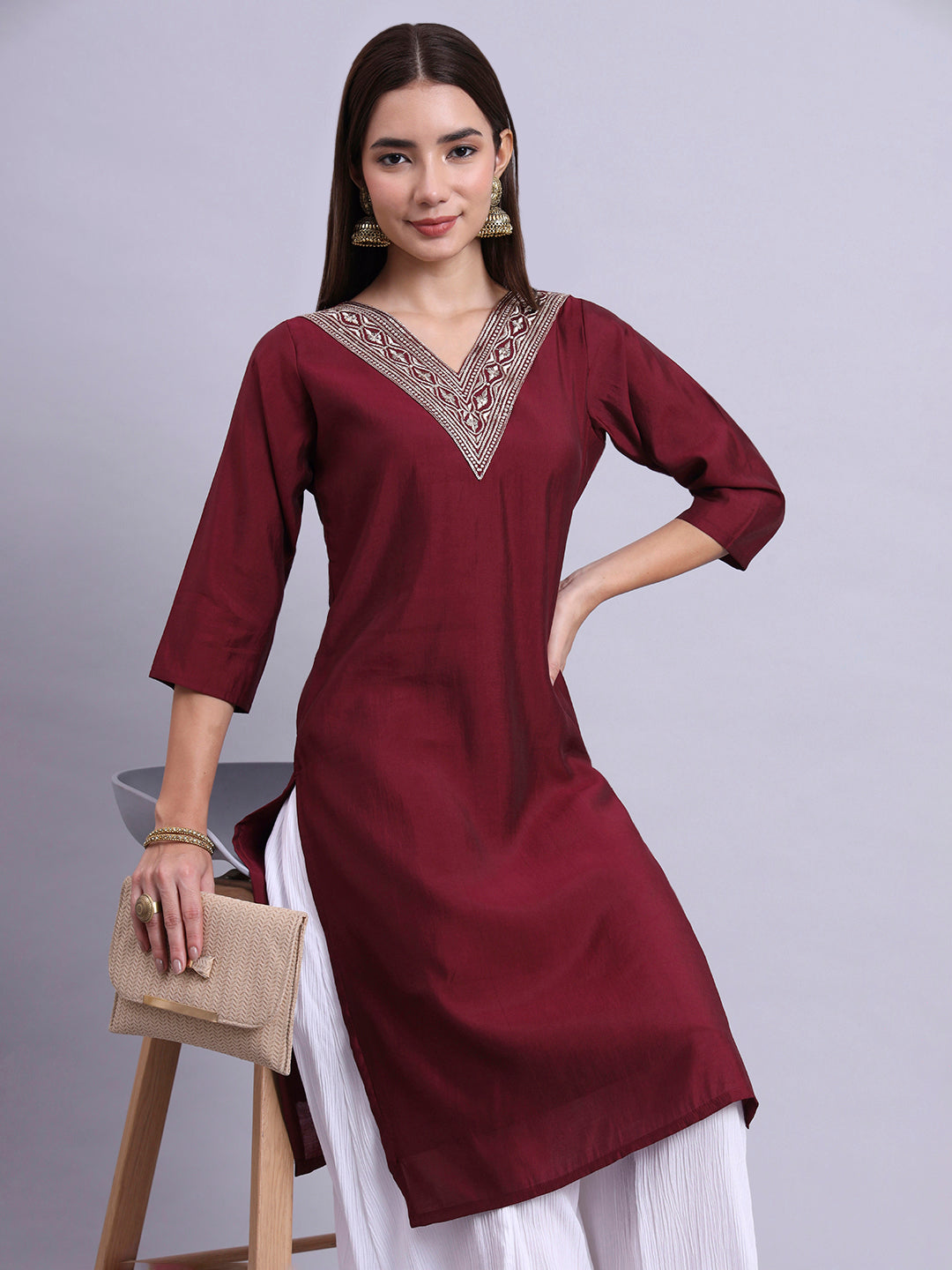 Women Maroon BSY Chinon Silk Printed Tunic Top | Fancy Neck | Casual Wear