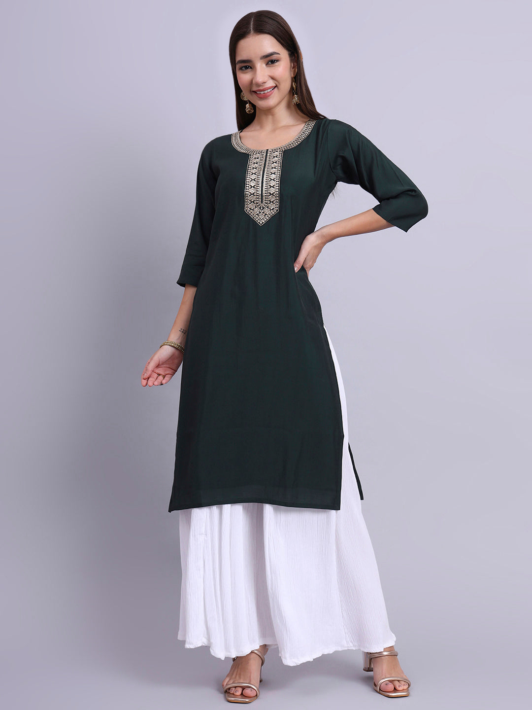 Women Bottle Green BSY Chinon Silk Printed Tunic Top | Fancy Neck | Casual Wear