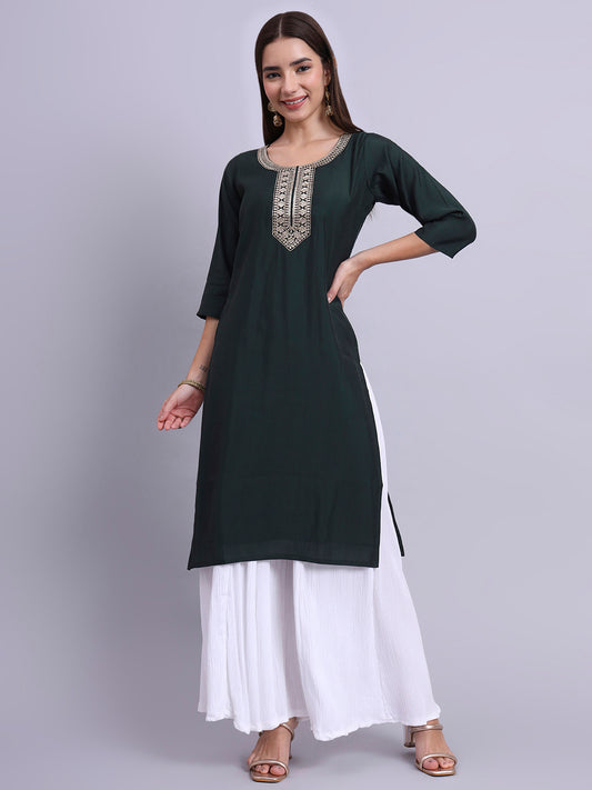 Women Bottle Green BSY Chinon Silk Printed Tunic Top | Fancy Neck | Casual Wear