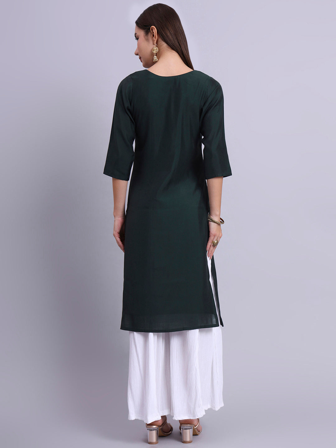 Women Bottle Green BSY Chinon Silk Printed Tunic Top | Fancy Neck | Casual Wear