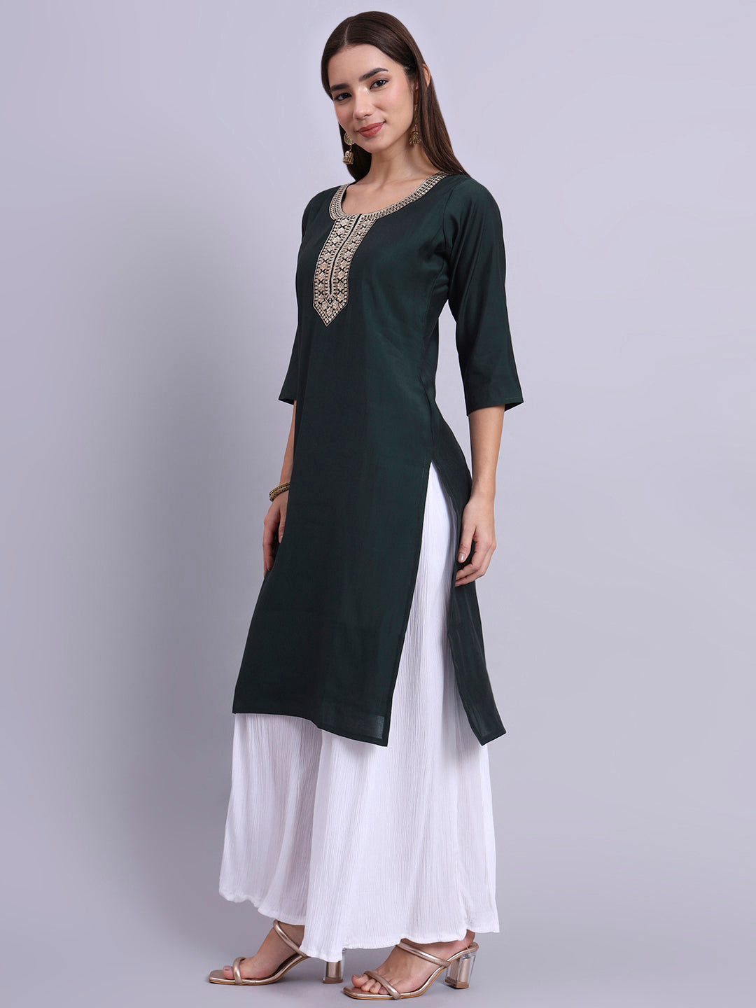 Women Bottle Green BSY Chinon Silk Printed Tunic Top | Fancy Neck | Casual Wear