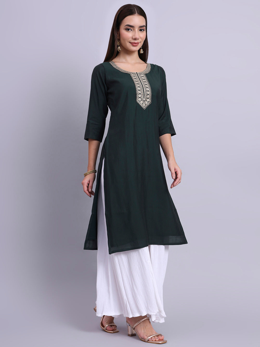 Women Bottle Green BSY Chinon Silk Printed Tunic Top | Fancy Neck | Casual Wear