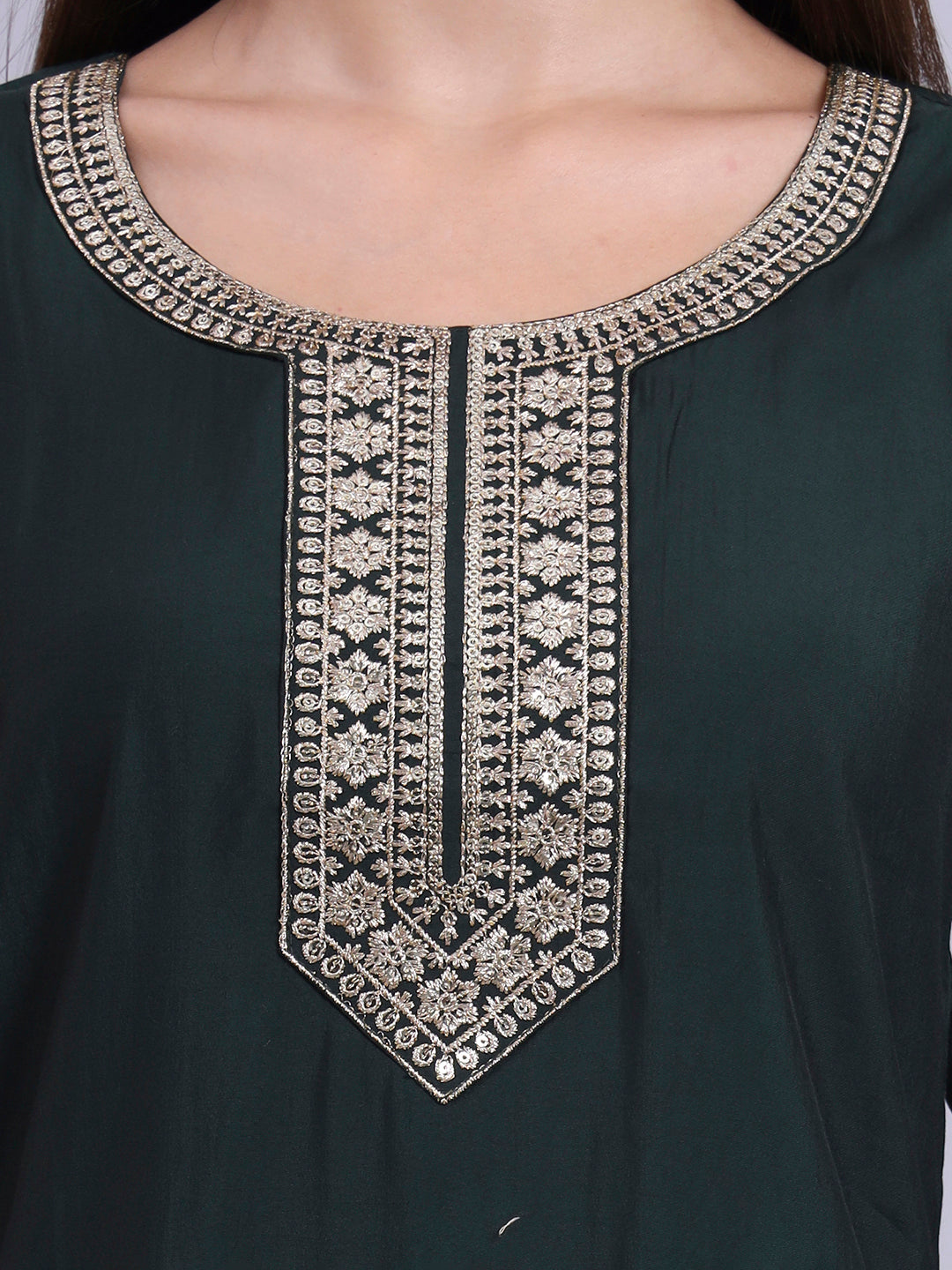Women Bottle Green BSY Chinon Silk Printed Tunic Top | Fancy Neck | Casual Wear