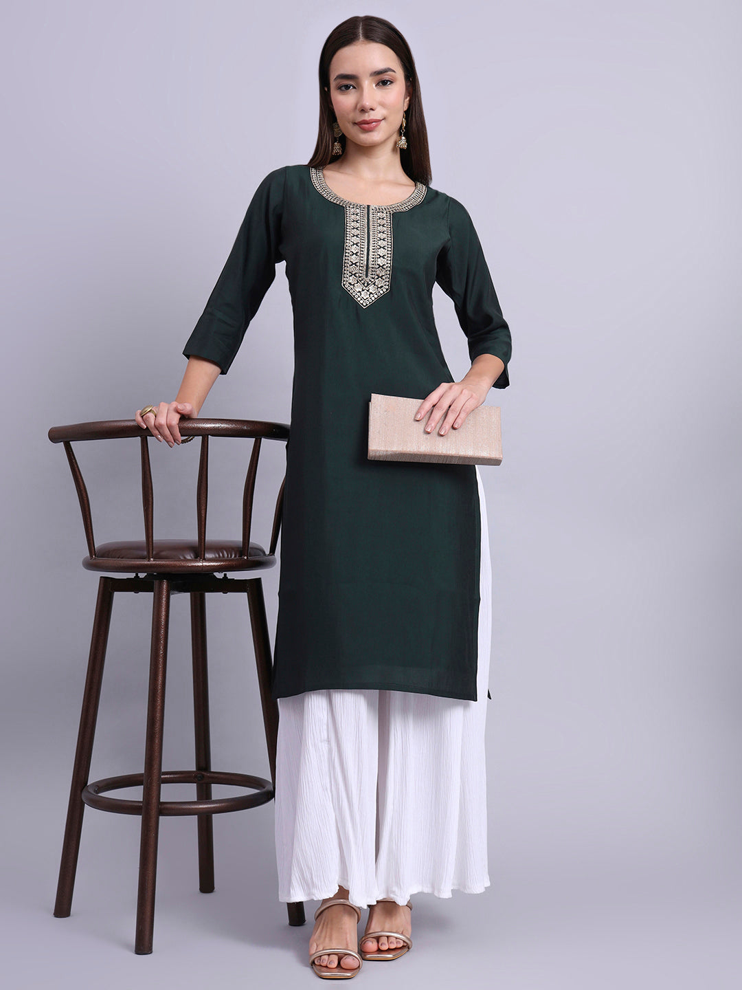 Women Bottle Green BSY Chinon Silk Printed Tunic Top | Fancy Neck | Casual Wear