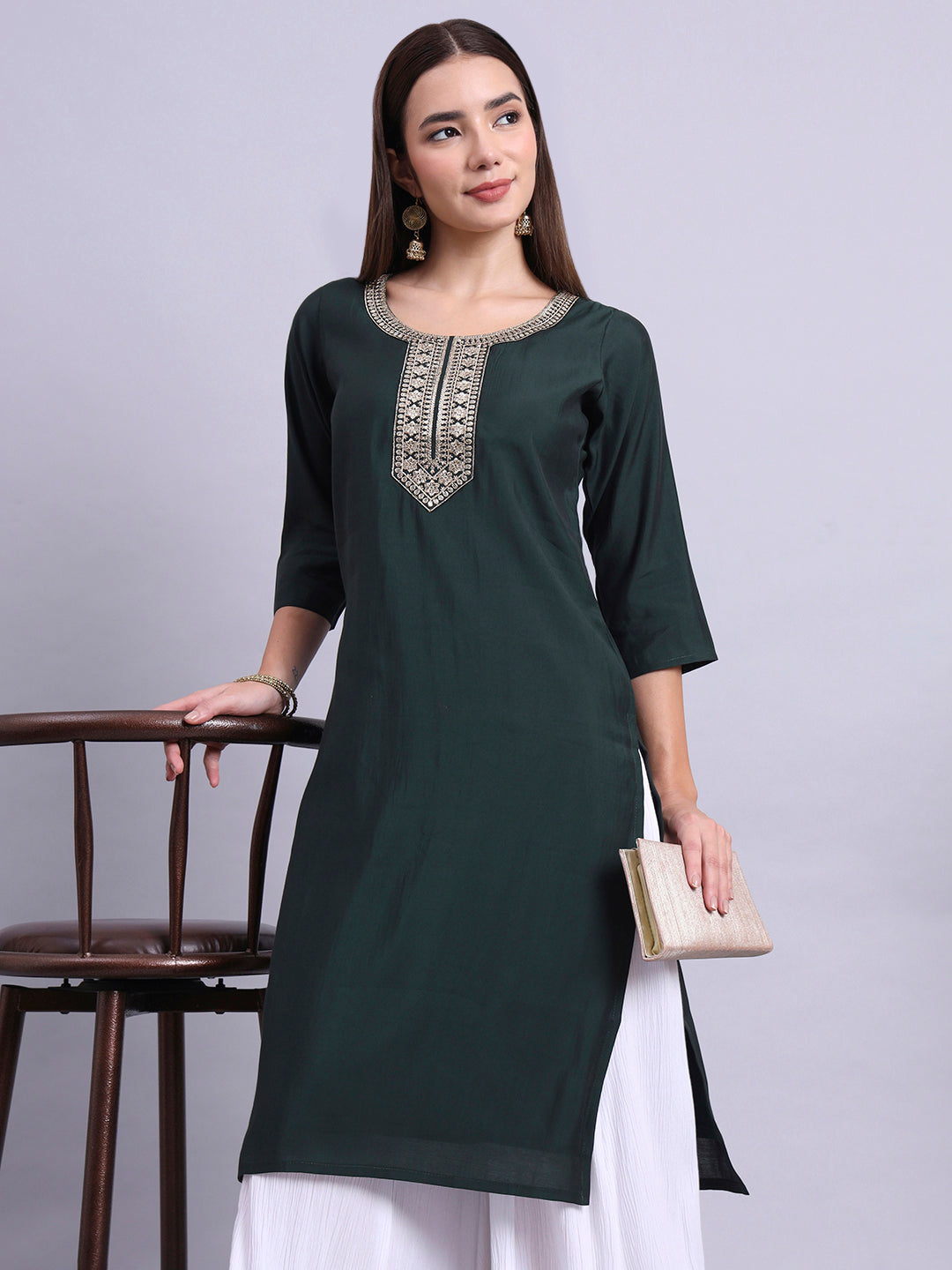 Women Bottle Green BSY Chinon Silk Printed Tunic Top | Fancy Neck | Casual Wear