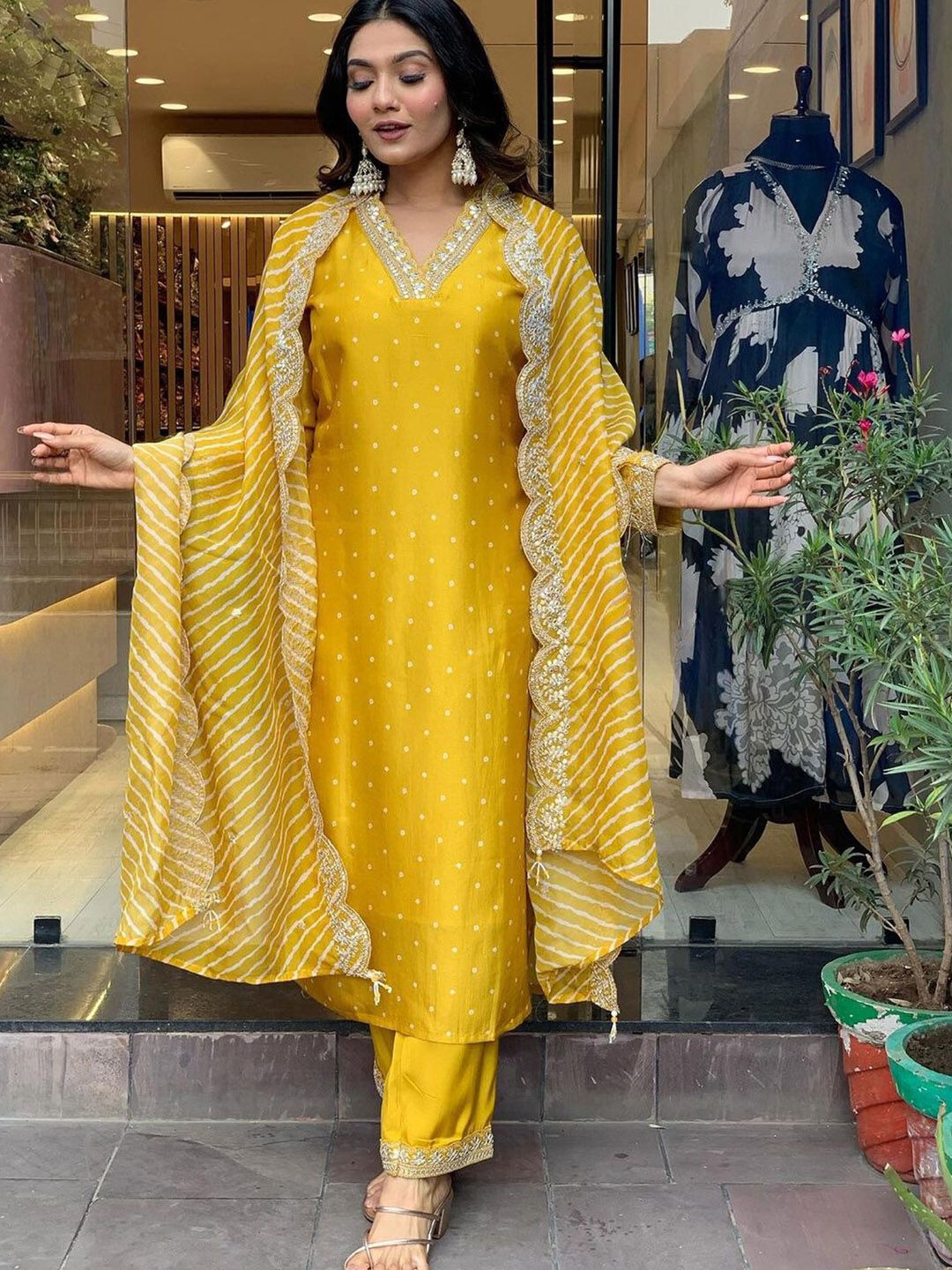 Women Yellow Printed Chinon Silk Kurta Pant Dupatta Set | Embroidery & Print Work | Festive Wear