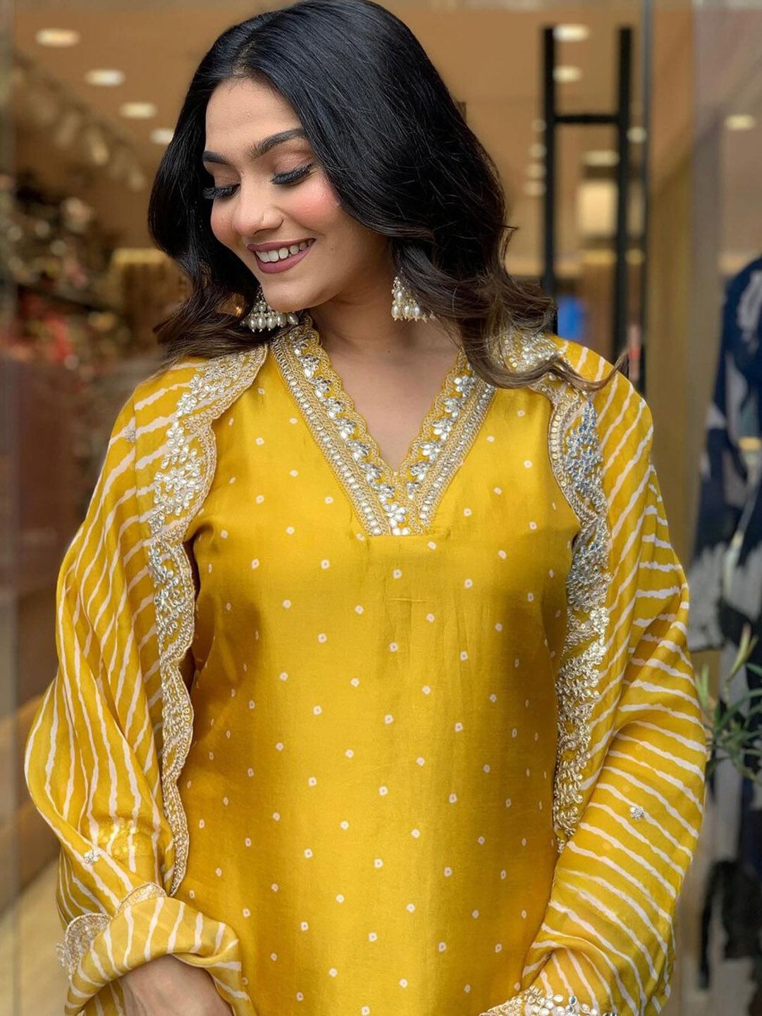 Women Yellow Printed Chinon Silk Kurta Pant Dupatta Set | Embroidery & Print Work | Festive Wear