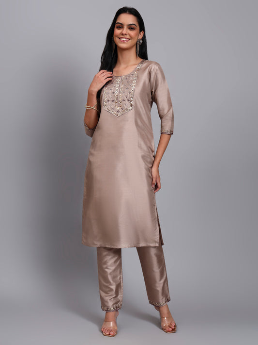 Women Biscuit Silk Blend Embroidered Kurta Pant Set | Sequins & Multi-Color Thread Work | Festive Wear