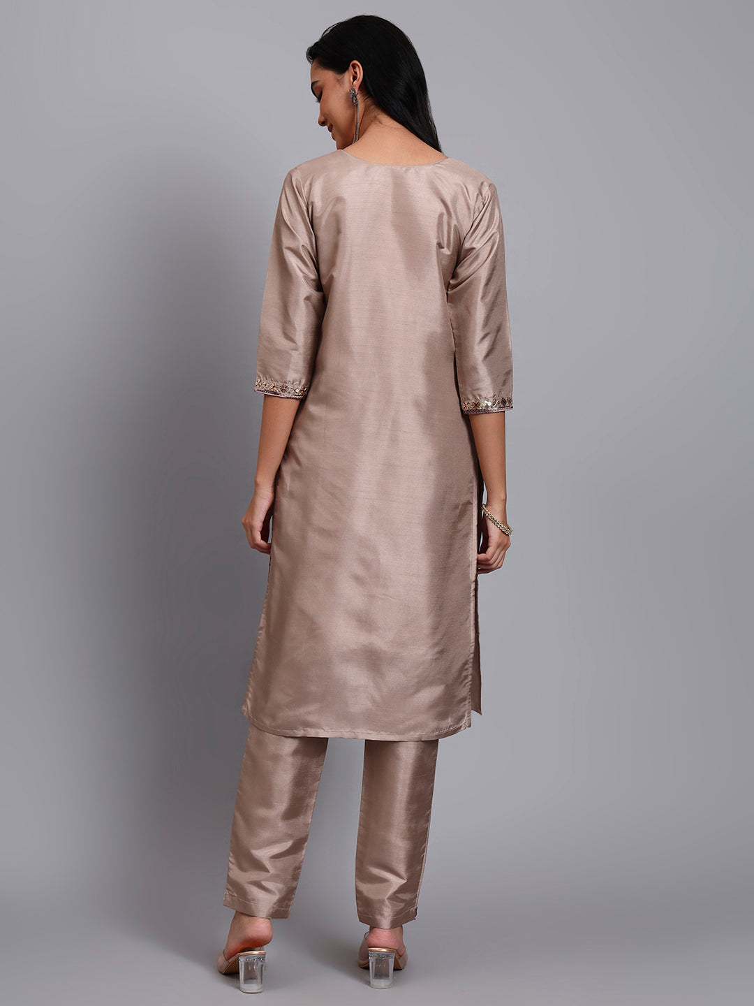Women Biscuit Silk Blend Embroidered Kurta Pant Set | Sequins & Multi-Color Thread Work | Festive Wear