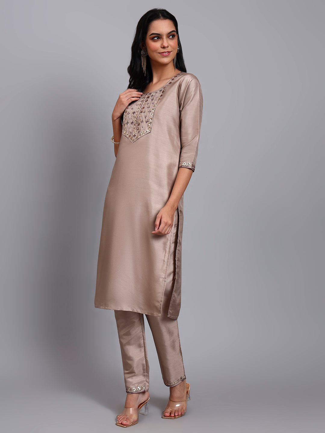 Women Biscuit Silk Blend Embroidered Kurta Pant Set | Sequins & Multi-Color Thread Work | Festive Wear