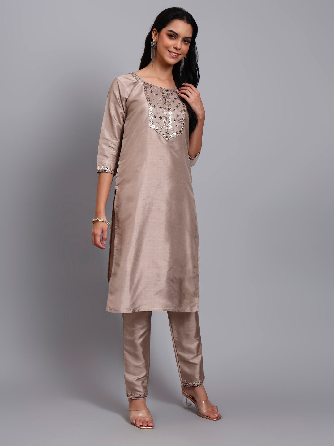 Women Biscuit Silk Blend Embroidered Kurta Pant Set | Sequins & Multi-Color Thread Work | Festive Wear