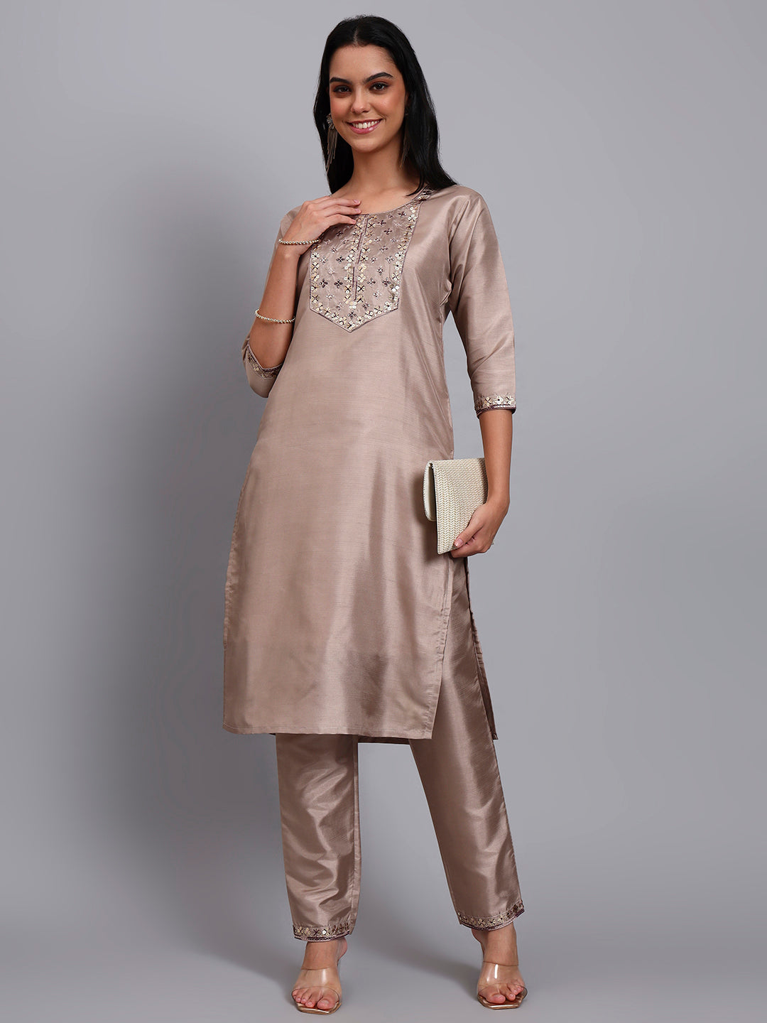 Women Biscuit Silk Blend Embroidered Kurta Pant Set | Sequins & Multi-Color Thread Work | Festive Wear