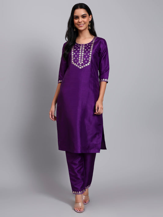 Women Purple Silk Blend Embroidered Kurta Pant Set | Sequins & Multi-Color Thread Work | Festive Wear