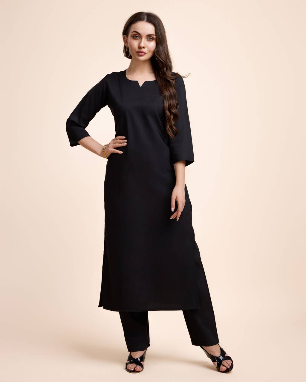Women Black Cotton Kurta Pant Set | Round V-Neck | Straight Fit | Casual Ethnic Wear