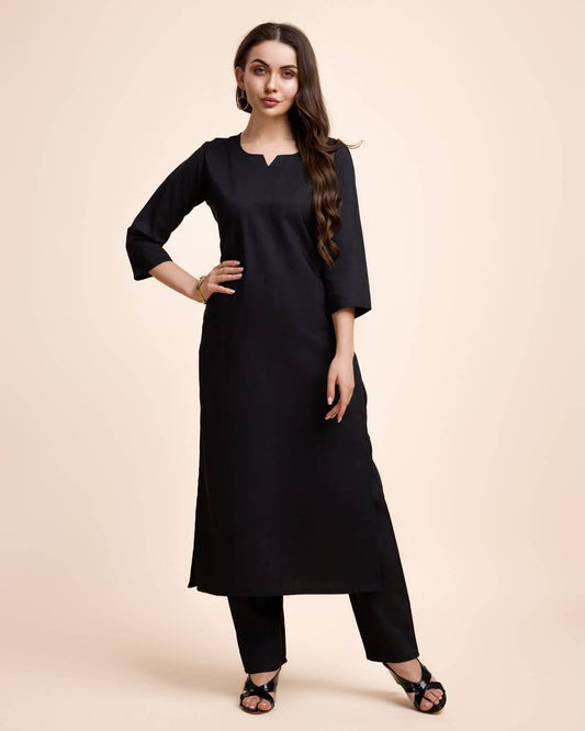 Women Black Cotton Kurta Pant Set | Round V-Neck | Straight Fit | Casual Ethnic Wear