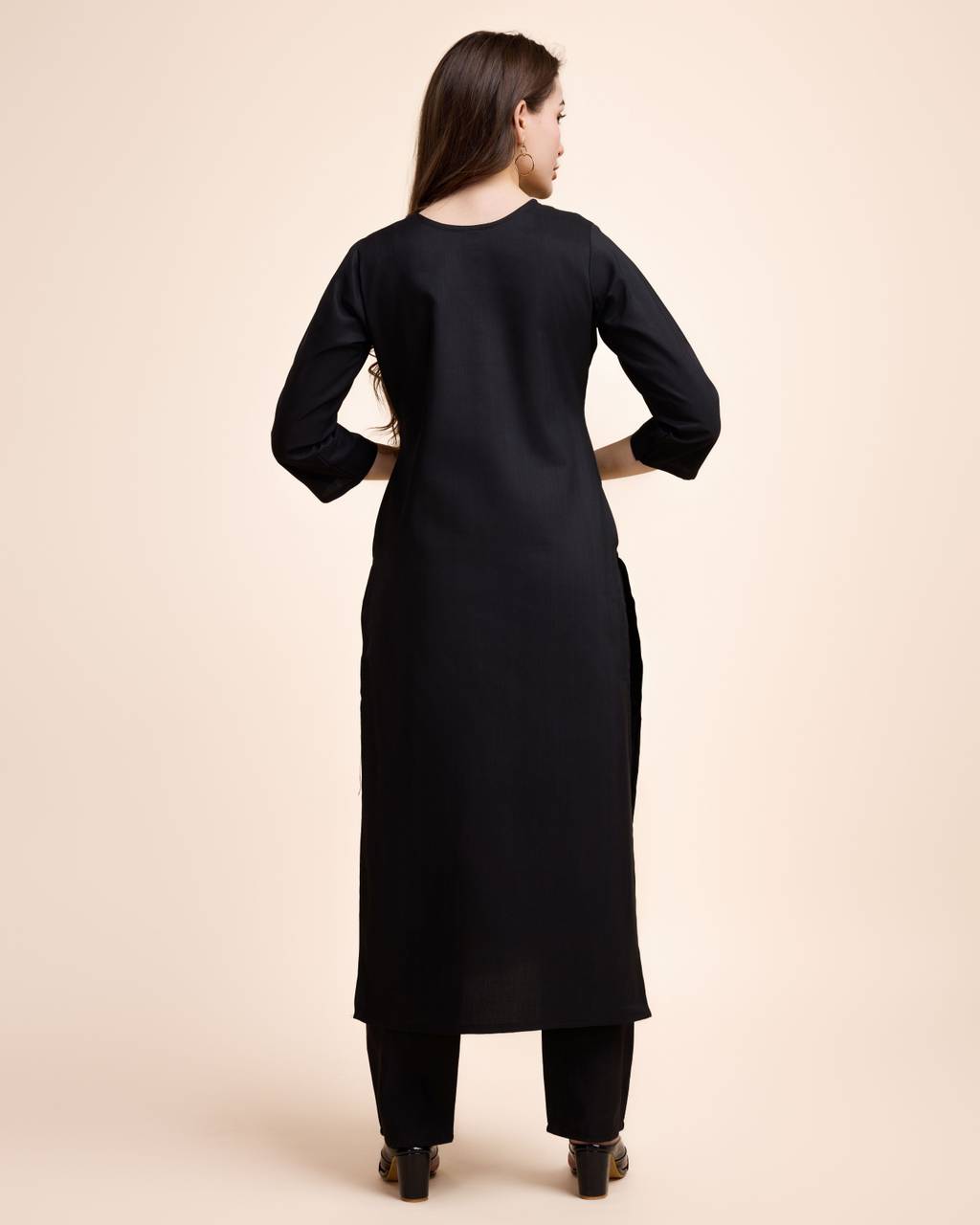 Women Black Cotton Kurta Pant Set | Round V-Neck | Straight Fit | Casual Ethnic Wear