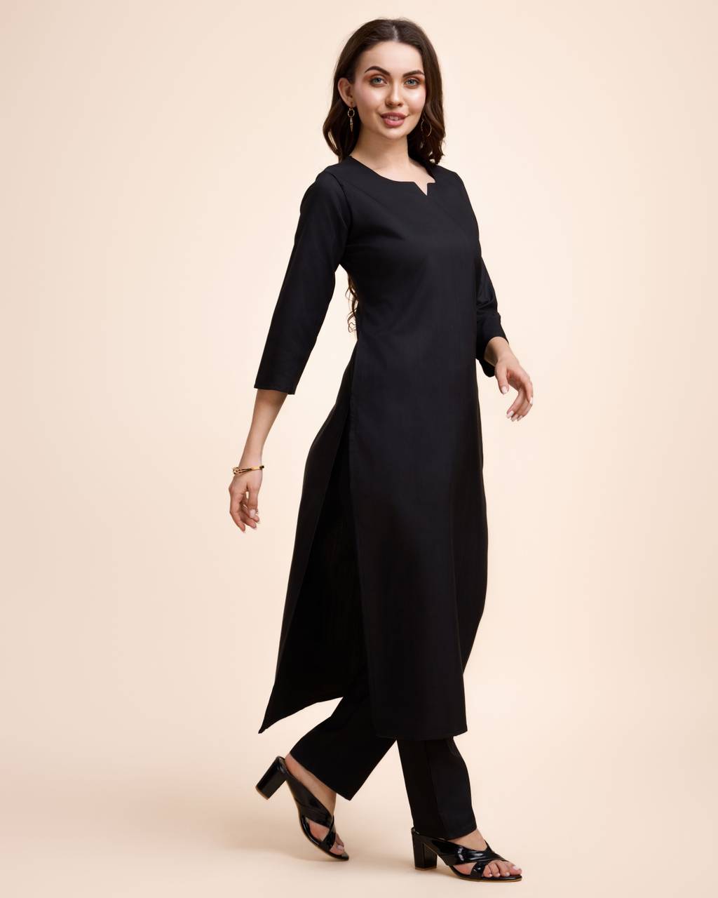 Women Black Cotton Kurta Pant Set | Round V-Neck | Straight Fit | Casual Ethnic Wear