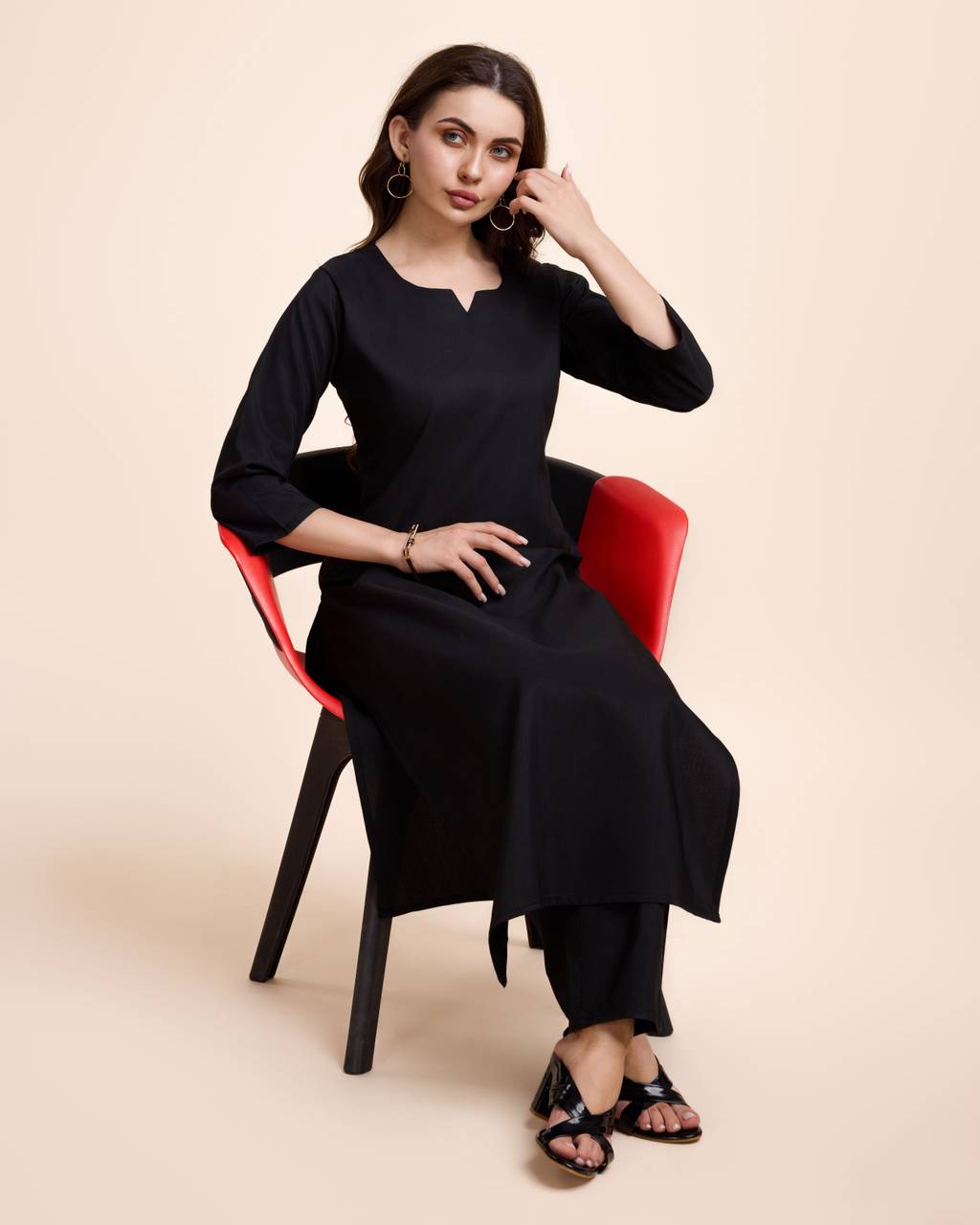Women Black Cotton Kurta Pant Set | Round V-Neck | Straight Fit | Casual Ethnic Wear