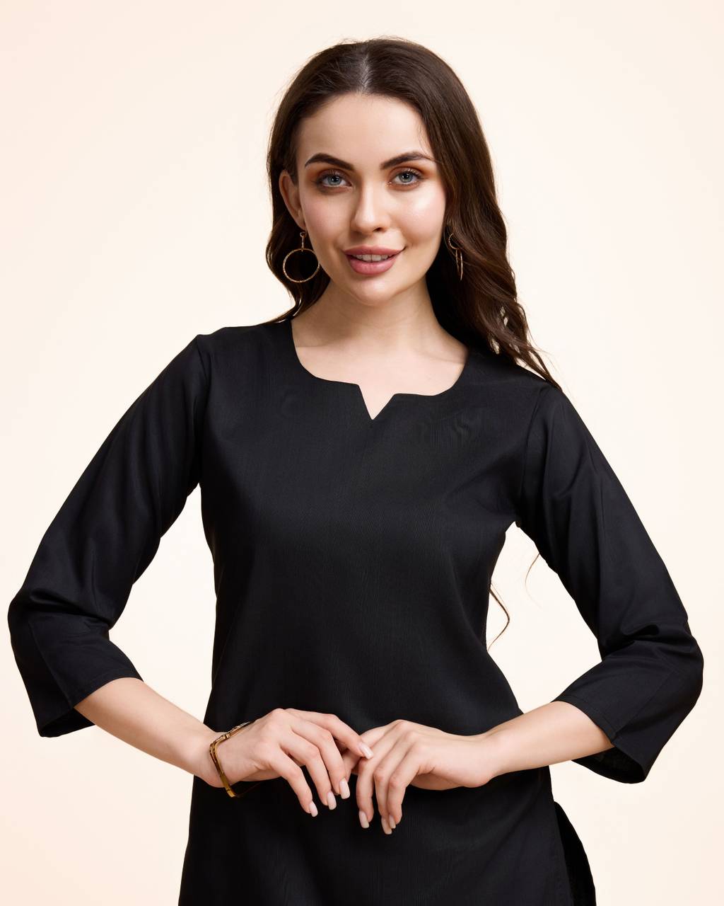 Women Black Cotton Kurta Pant Set | Round V-Neck | Straight Fit | Casual Ethnic Wear