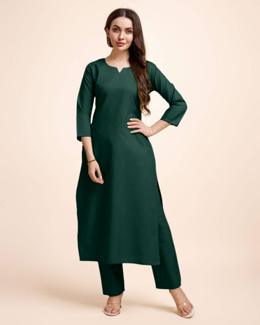 Women Bottle Green Cotton Kurta Pant Set | Round V-Neck | Straight Fit | Casual Ethnic Wear