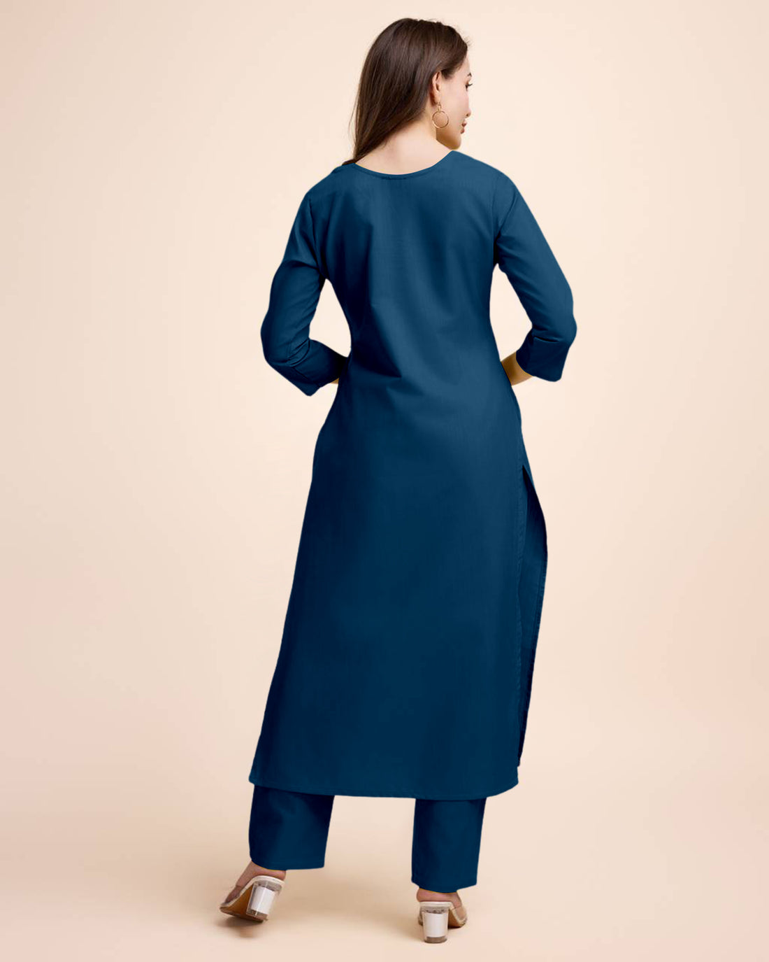 Women Navy Blue Cotton Kurta Pant Set | Round V-Neck | Straight Fit | Casual Ethnic Wear