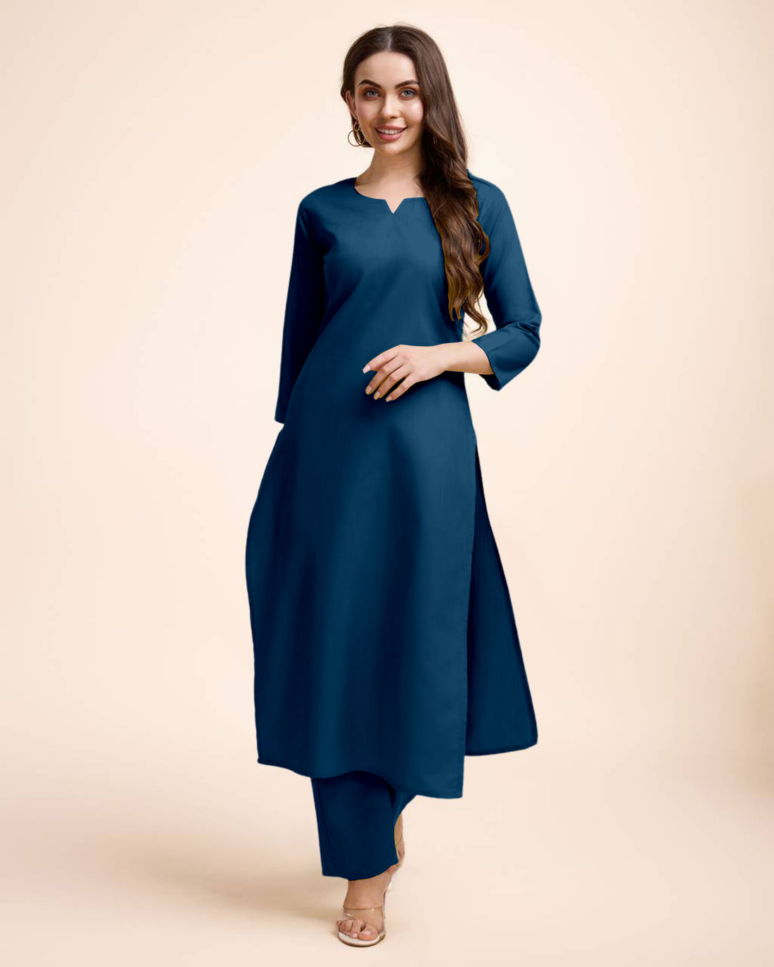 Women Navy Blue Cotton Kurta Pant Set | Round V-Neck | Straight Fit | Casual Ethnic Wear