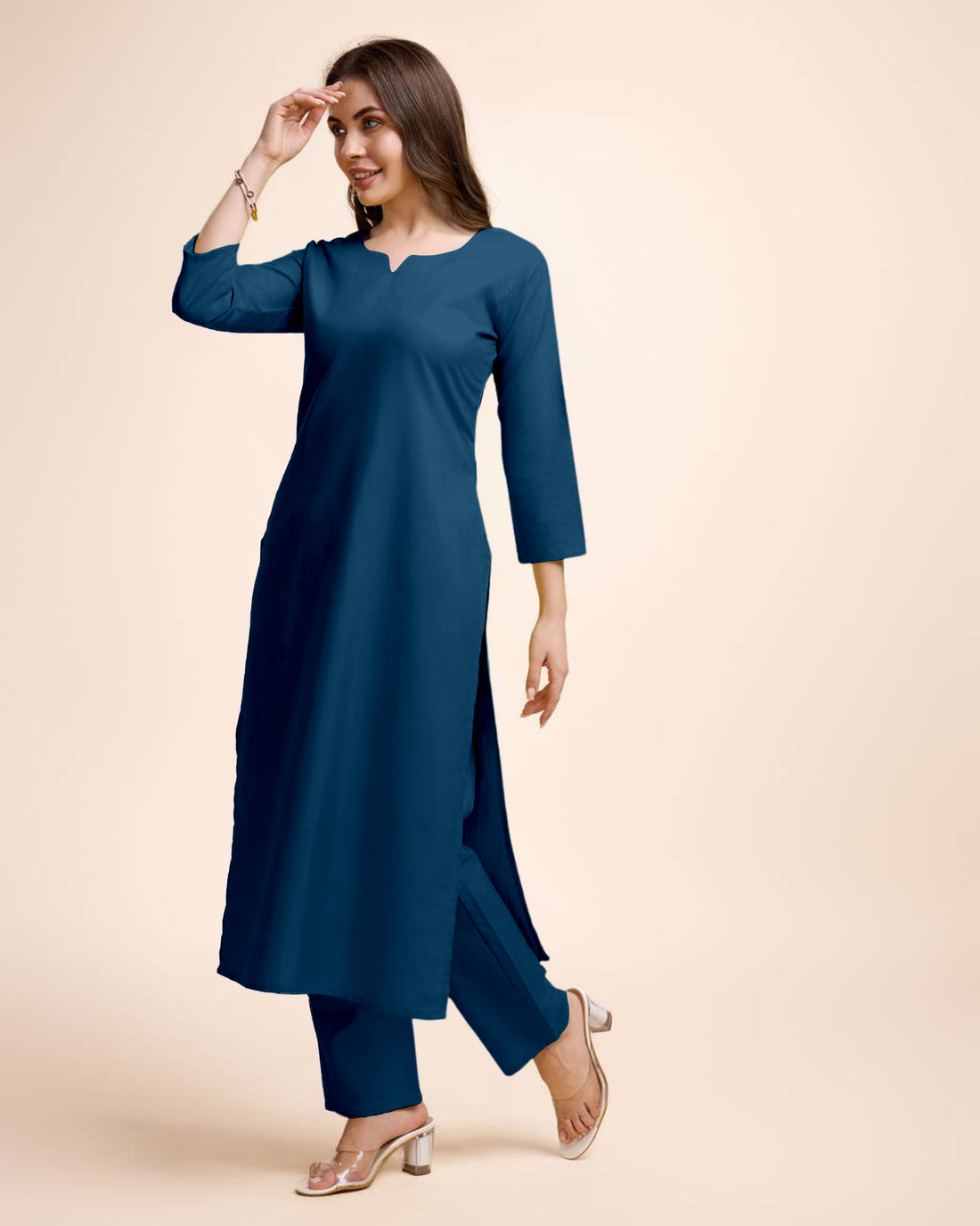 Women Navy Blue Cotton Kurta Pant Set | Round V-Neck | Straight Fit | Casual Ethnic Wear