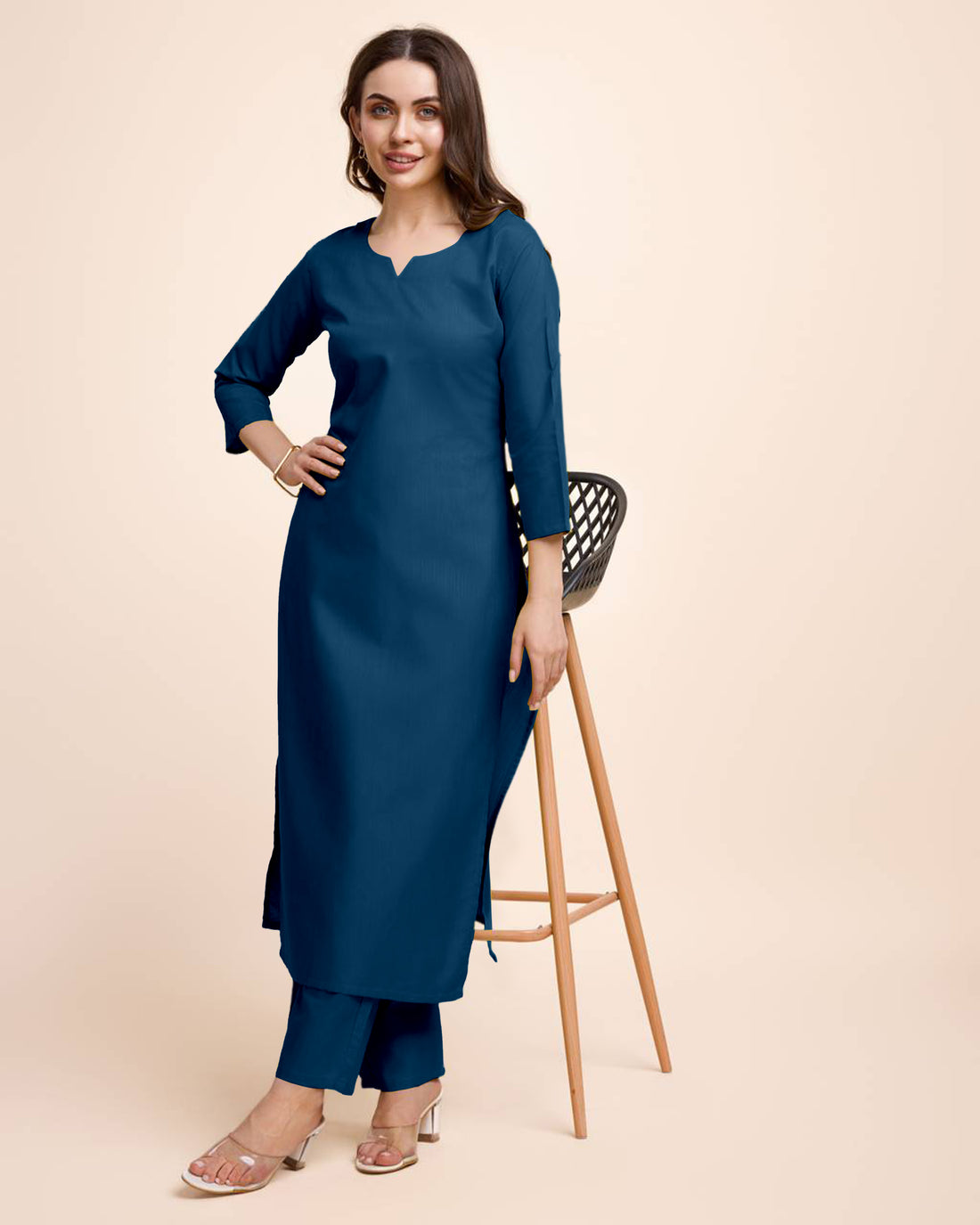Women Navy Blue Cotton Kurta Pant Set | Round V-Neck | Straight Fit | Casual Ethnic Wear