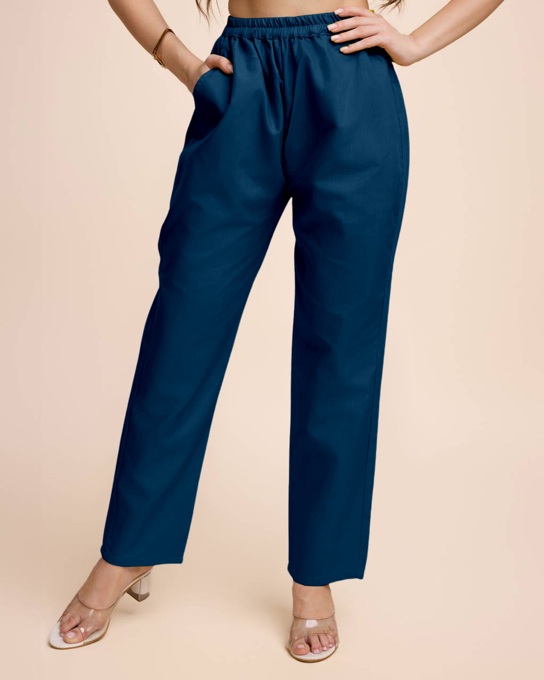 Women Navy Blue Cotton Kurta Pant Set | Round V-Neck | Straight Fit | Casual Ethnic Wear