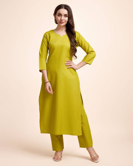 Women Parrot Green Cotton Kurta Pant Set | Round V-Neck | Straight Fit | Casual Ethnic Wear
