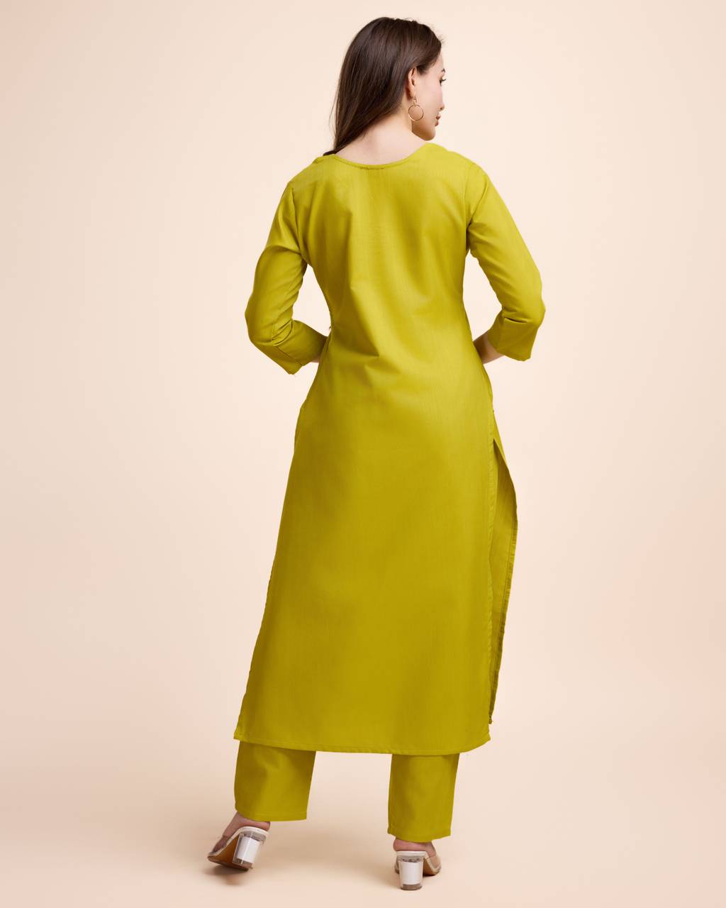 Women Parrot Green Cotton Kurta Pant Set | Round V-Neck | Straight Fit | Casual Ethnic Wear