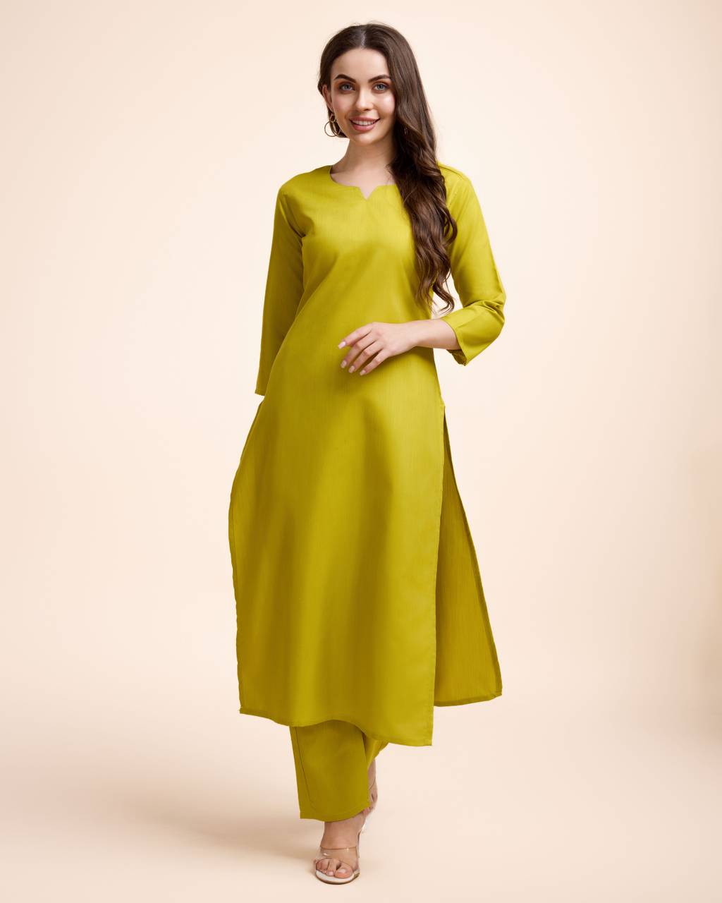 Women Parrot Green Cotton Kurta Pant Set | Round V-Neck | Straight Fit | Casual Ethnic Wear