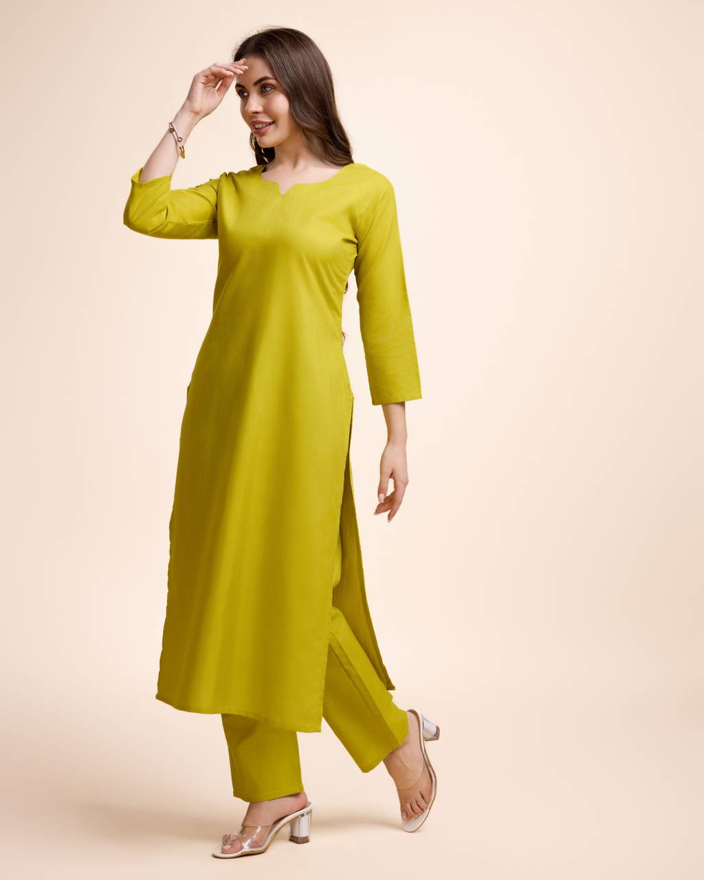 Women Parrot Green Cotton Kurta Pant Set | Round V-Neck | Straight Fit | Casual Ethnic Wear