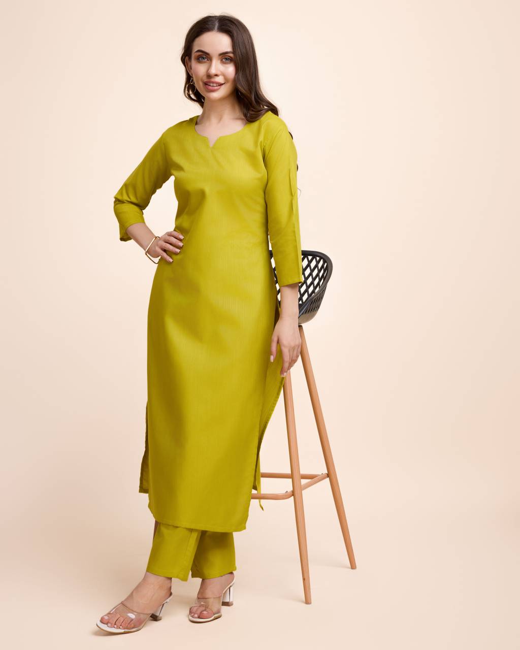 Women Parrot Green Cotton Kurta Pant Set | Round V-Neck | Straight Fit | Casual Ethnic Wear