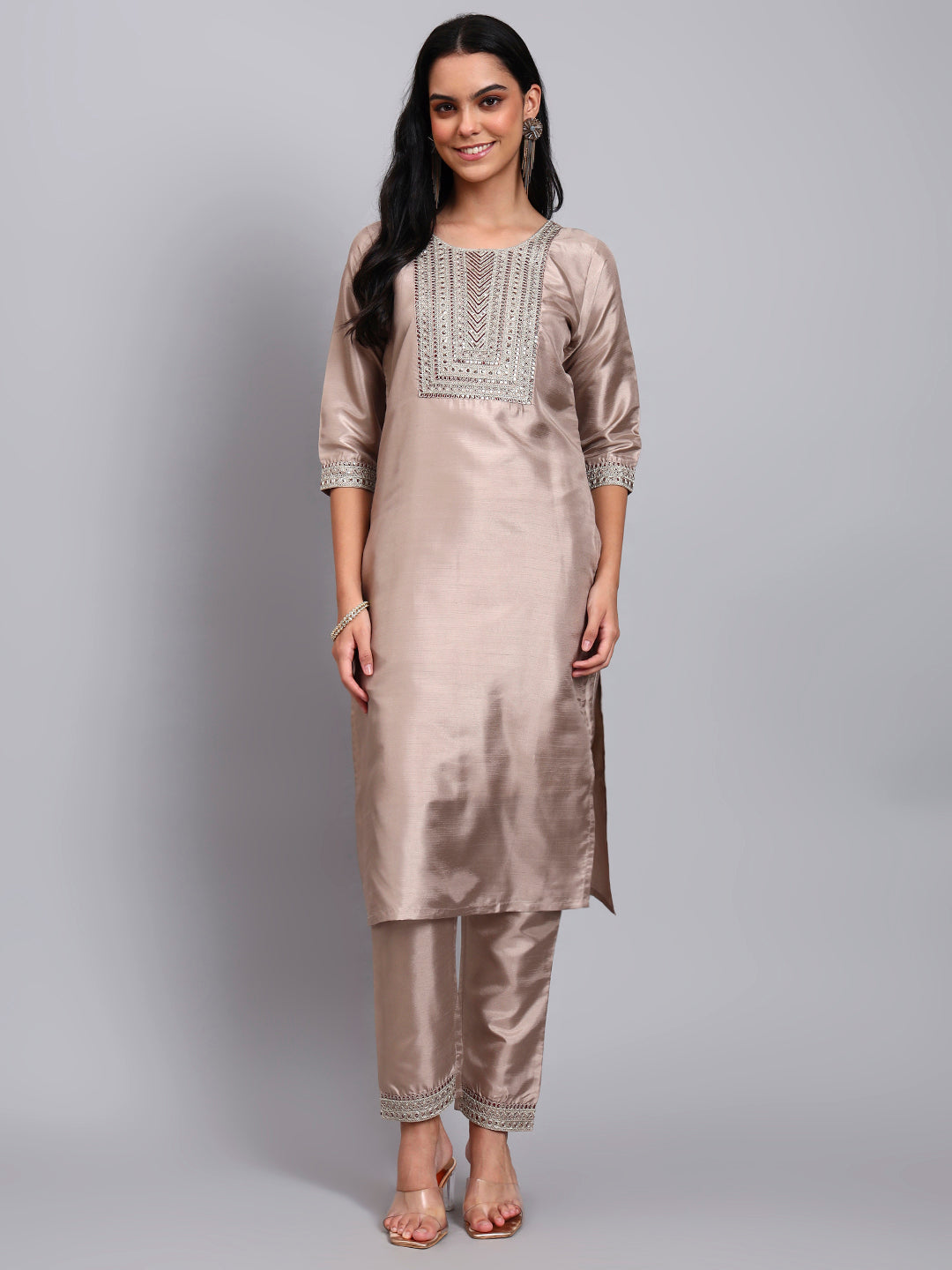 Women Biscuit Silk Blend Embroidered Kurta Pant Set