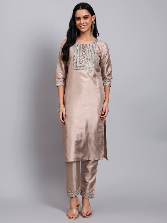 Women Biscuit Silk Blend Embroidered Kurta Pant Set