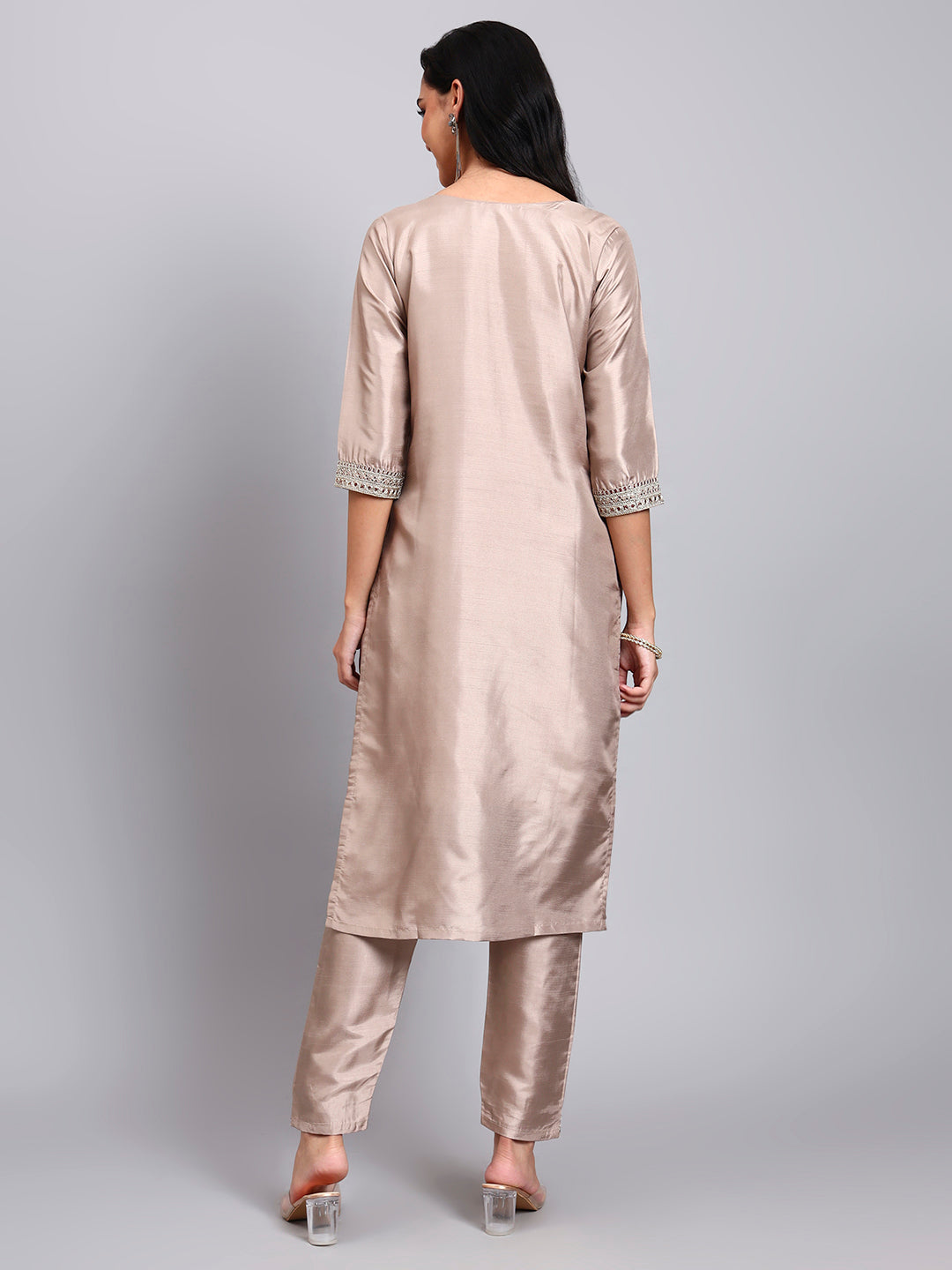 Women Biscuit Silk Blend Embroidered Kurta Pant Set