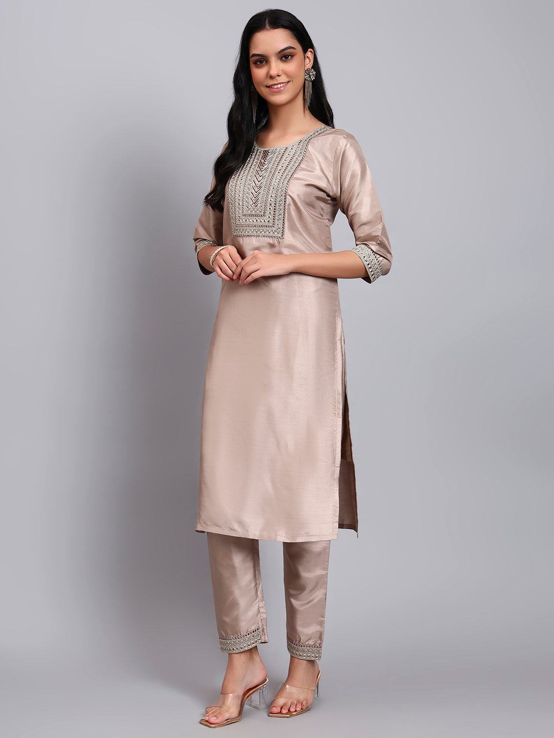 Women Biscuit Silk Blend Embroidered Kurta Pant Set